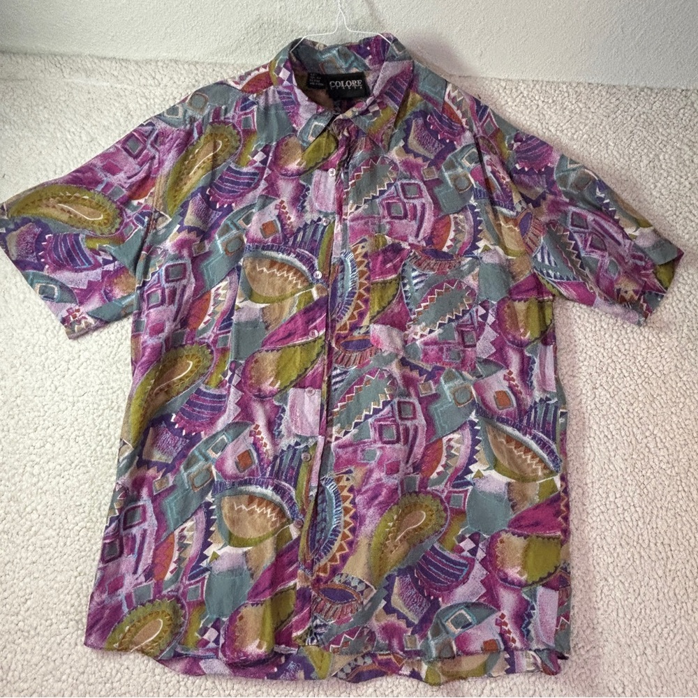 Colore Italia 100% Silk Abstract Geometric Shirt Men’s Large Vintage 90s